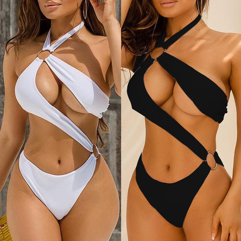 New Sexy One-piece Three-color Hollow Metal Ring Strap Bikini Swimsuit Streetwwear Society